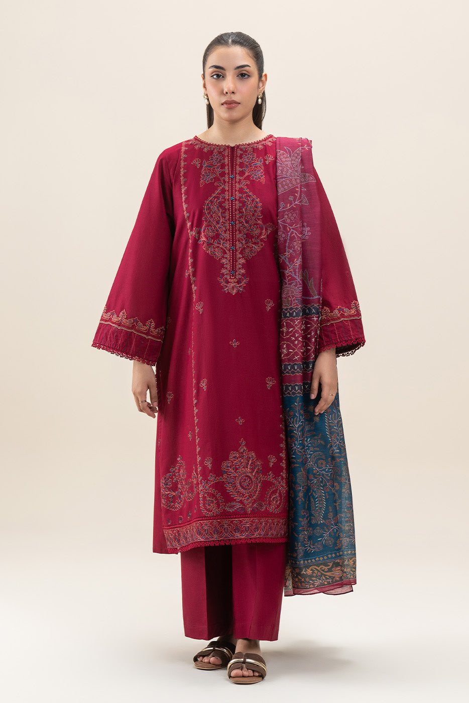 3 PIECE EMBROIDERED LAWN SUIT-SCARLET GLOW (UNSTITCHED)