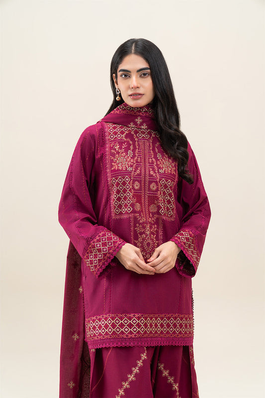 3 PIECE EMBROIDERED LAWN SUIT-MAJESTIC RED (UNSTITCHED)
