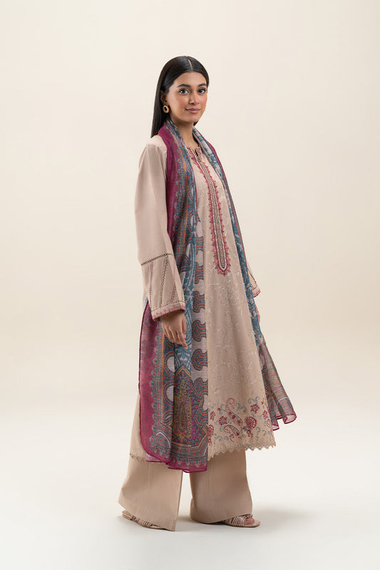 3 PIECE EMBROIDERED LAWN SUIT-SMOKE BEIGE (UNSTITCHED)