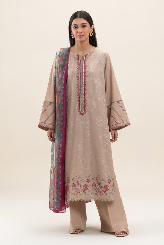 3 PIECE EMBROIDERED LAWN SUIT-SMOKE BEIGE (UNSTITCHED)