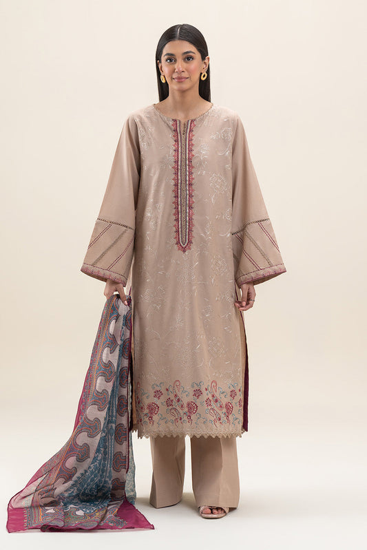 3 PIECE EMBROIDERED LAWN SUIT-SMOKE BEIGE (UNSTITCHED)