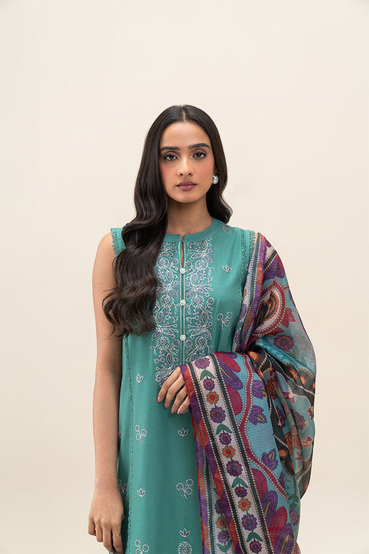 3 PIECE EMBROIDERED LAWN SUIT-VIBRANT SPRUCE (UNSTITCHED)