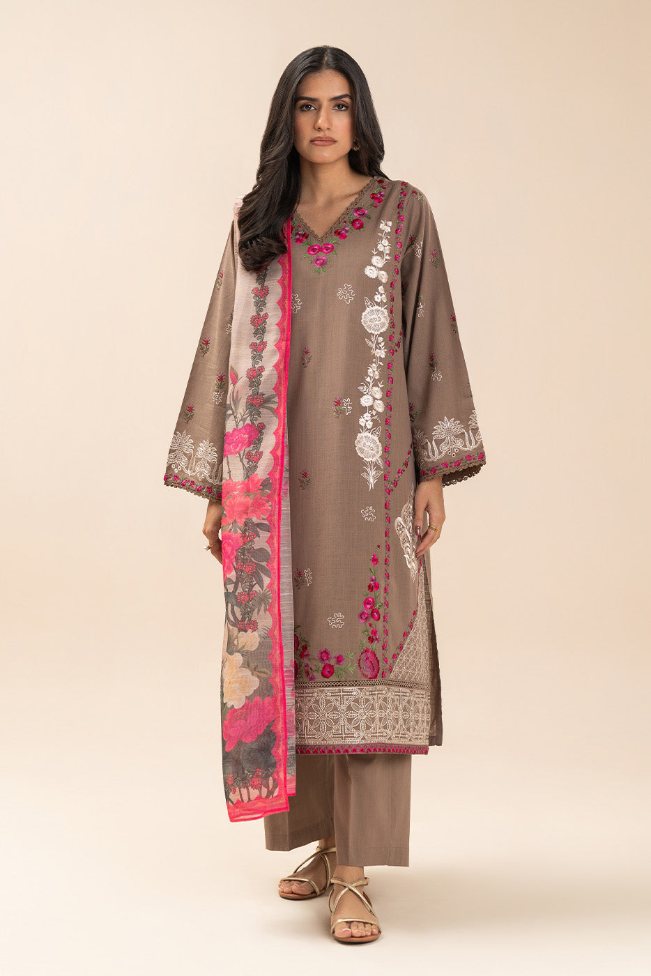 3 PIECE EMBROIDERED TWO WAY SLUB SUIT (PRET)