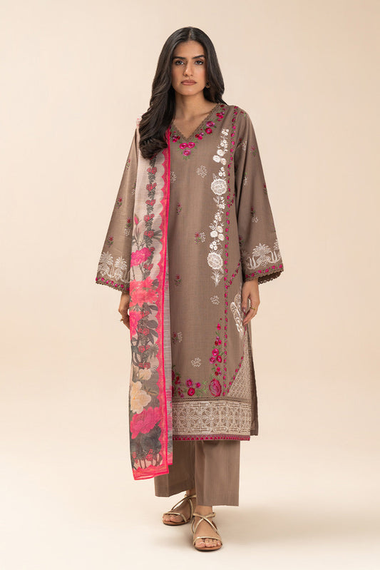 3 PIECE EMBROIDERED TWO WAY SLUB SUIT (PRET)