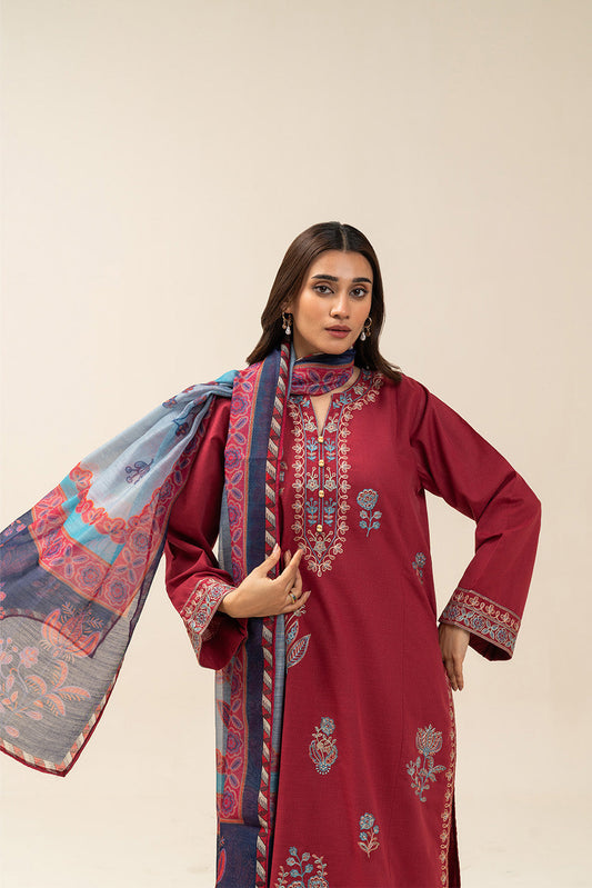 3 PIECE EMBROIDERED SLUB COTTON SUIT (PRET)