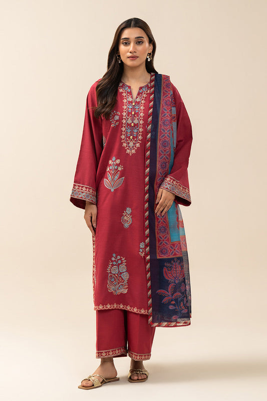 3 PIECE EMBROIDERED SLUB COTTON SUIT (PRET)