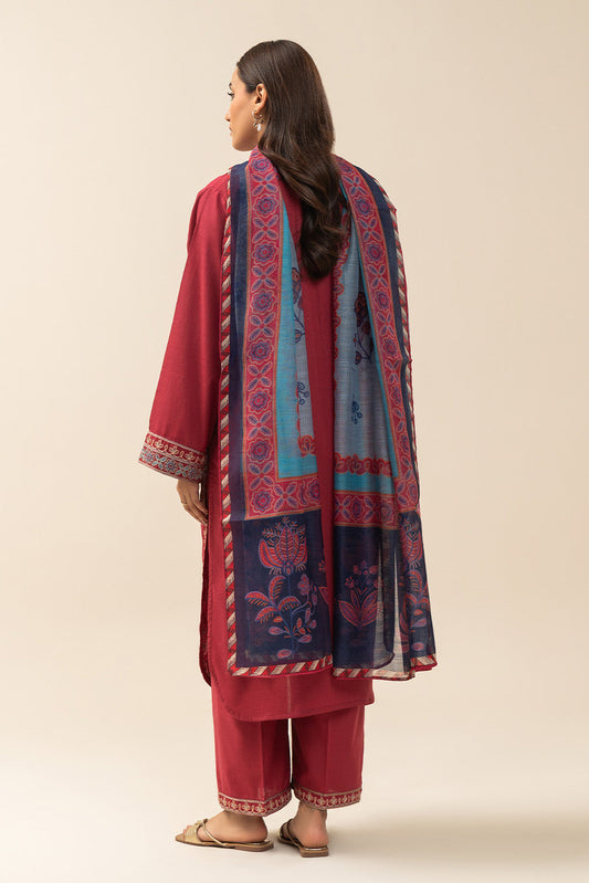 3 PIECE EMBROIDERED SLUB COTTON SUIT (PRET)