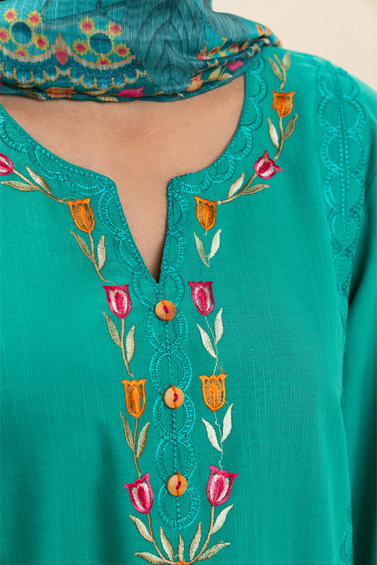 3 PIECE EMBROIDERED SLUB SUIT (PRET)