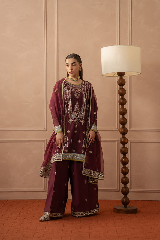 3 PIECE EMBROIDERED PAPER COTTON SUIT (LUXURY PRET)