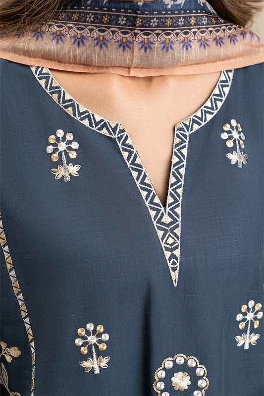 3 PIECE EMBROIDERED TWO WAY SLUB SUIT (PRET)