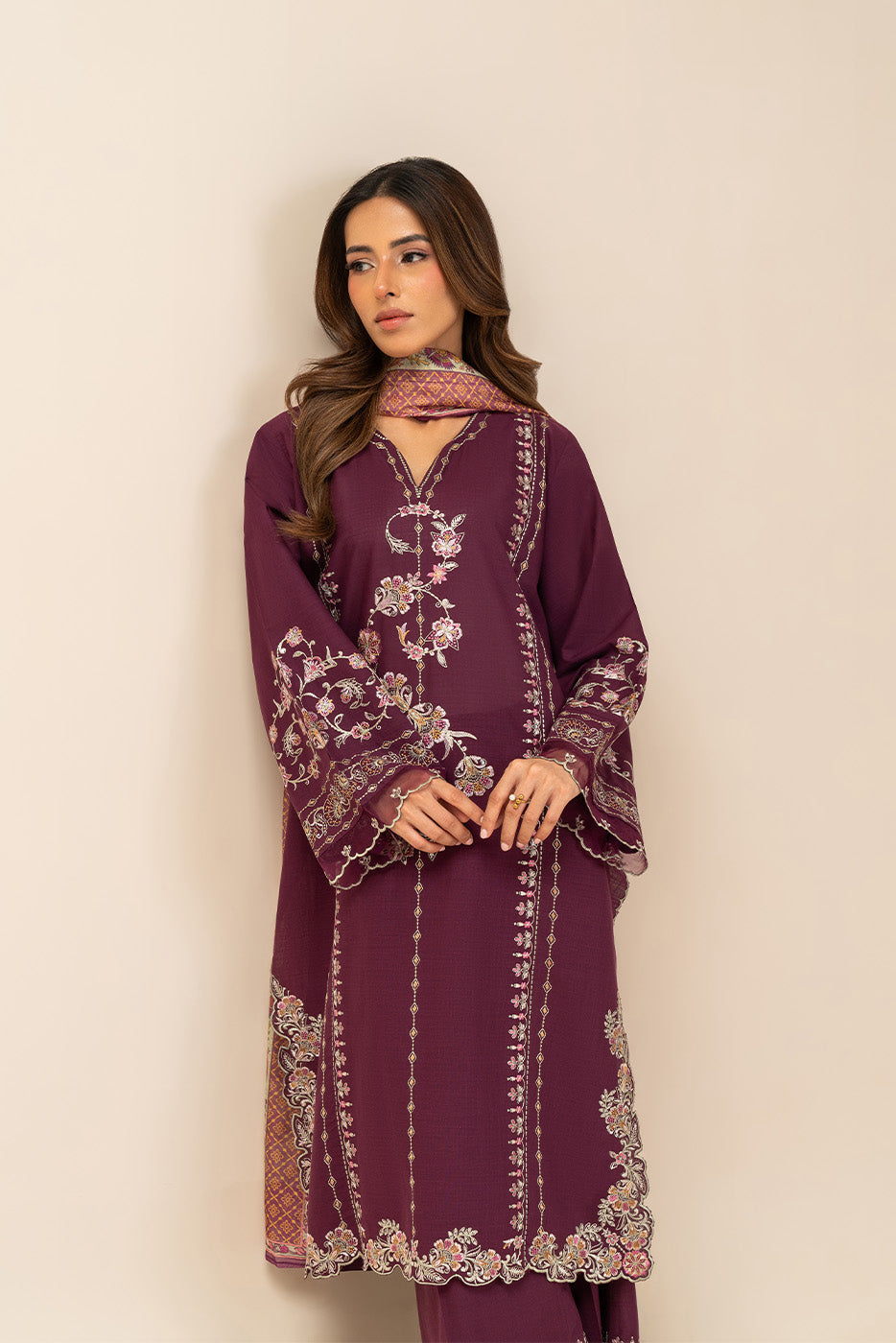 3 PIECE EMBROIDERED TWO WAY SLUB SUIT (PRET)