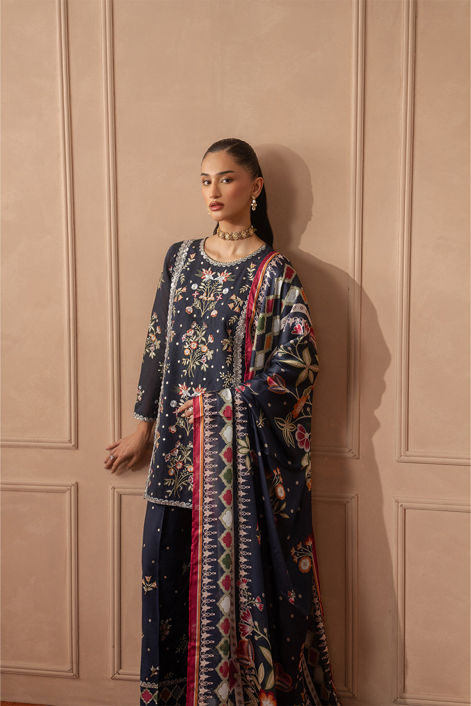 3 PIECE EMBROIDERED PAPER COTTON SUIT (LUXURY PRET)