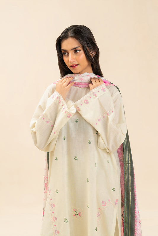 3 PIECE EMBROIDERED SLUB SUIT (PRET)
