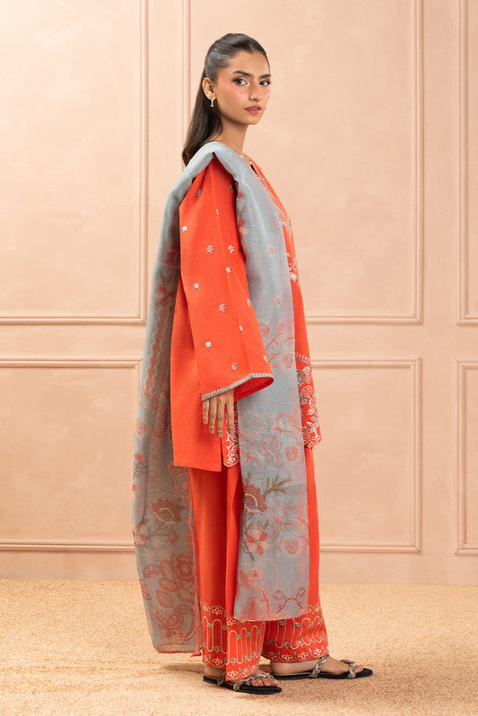 3 PIECE EMBROIDERED TWO WAY SLUB SUIT (HIGH CASUAL)