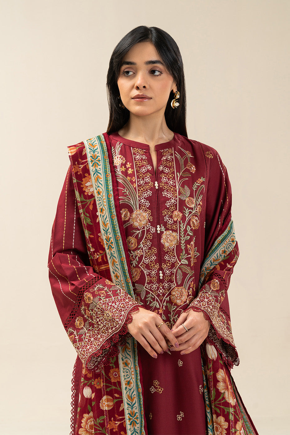 3 PIECE EMBROIDERED LAWN SUIT-MALEFICENT MAROON (UNSTITCHED)