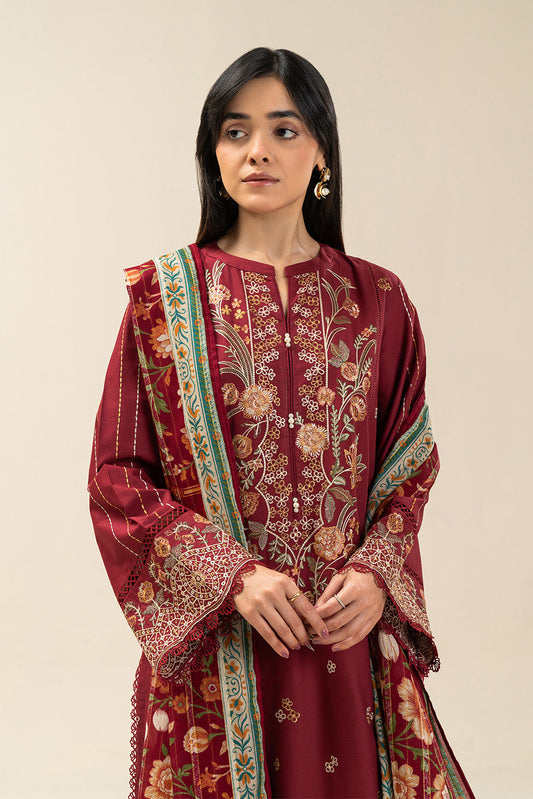 3 PIECE EMBROIDERED LAWN SUIT-MALEFICENT MAROON (UNSTITCHED)