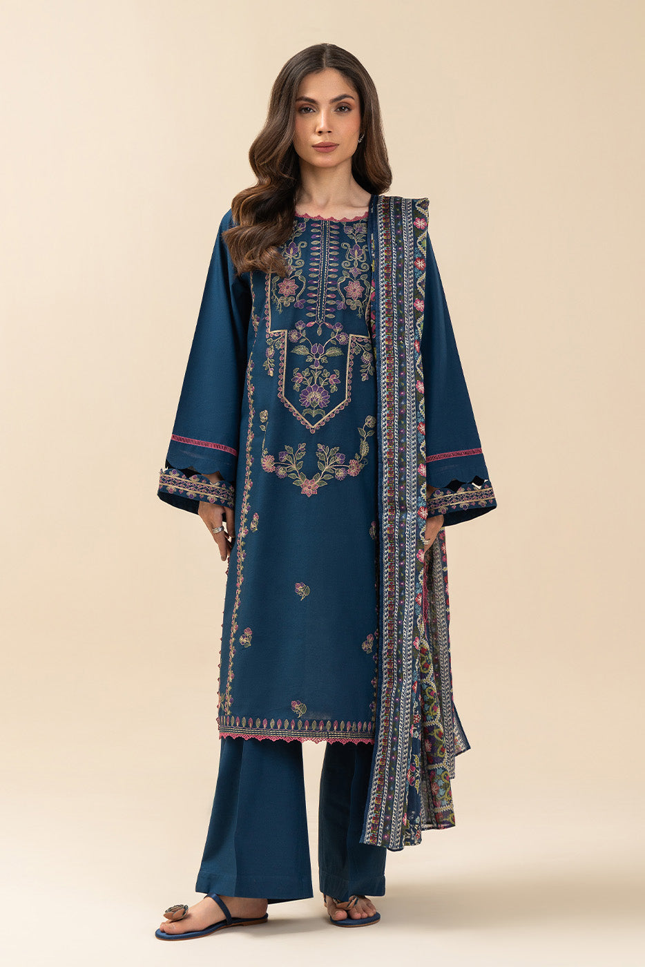 3 PIECE EMBROIDERED LAWN SUIT-CERULEAN FOLK (UNSTITCHED)