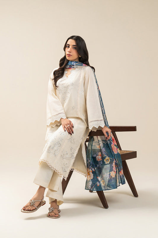 3 PIECE EMBROIDERED LAWN SUIT-IVORY FLORAL (UNSTITCHED)
