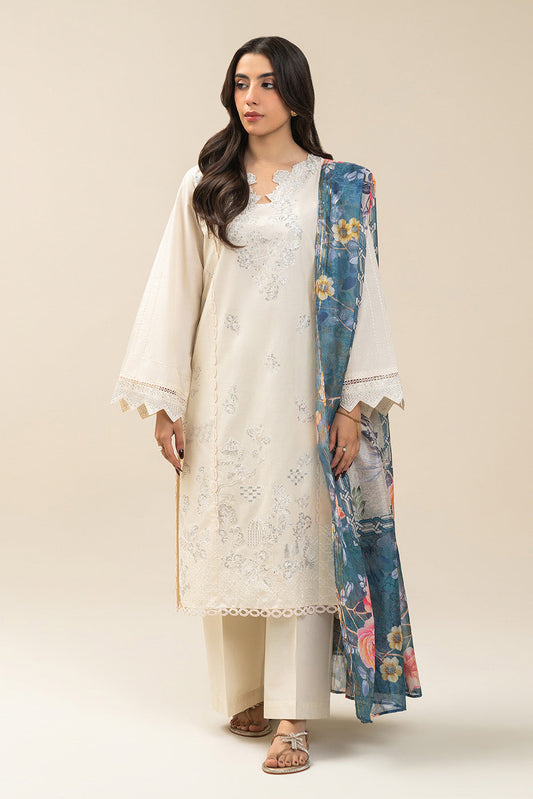 3 PIECE EMBROIDERED LAWN SUIT-IVORY FLORAL (UNSTITCHED)