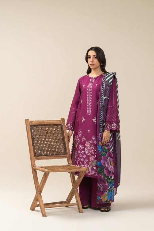 3 PIECE EMBROIDERED LAWN SUIT-CERISE DUSK (UNSTITCHED)