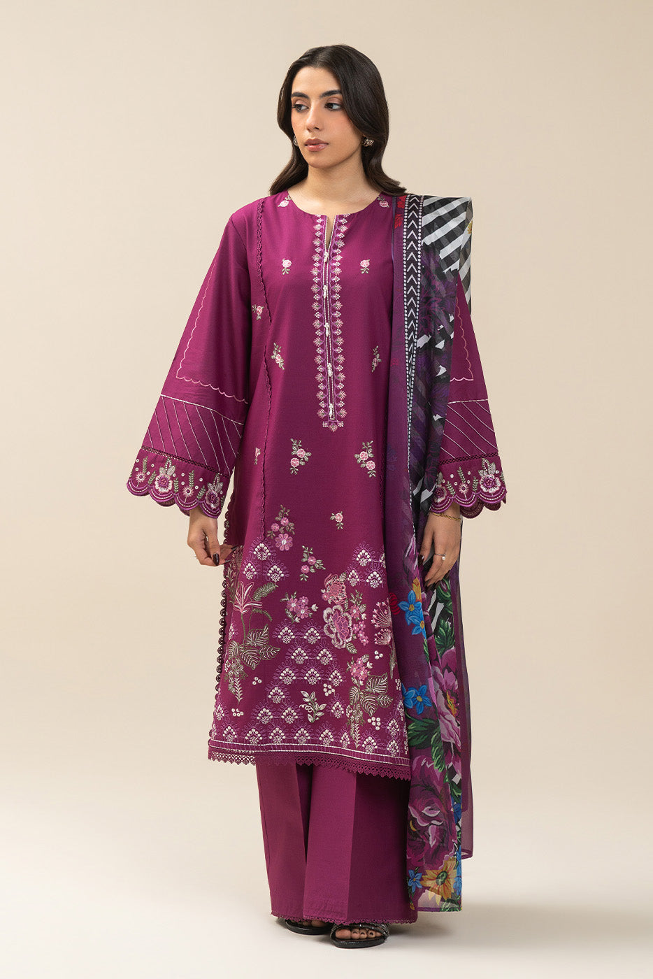 3 PIECE EMBROIDERED LAWN SUIT-CERISE DUSK (UNSTITCHED)