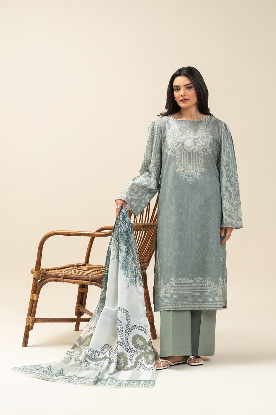 3 PIECE PRINTED LAWN SUIT-SAGE GIN (UNSTITCHED)