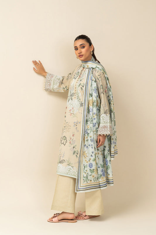 3 PIECE PRINTED LAWN SUIT-LEMON CRÈME (UNSTITCHED)