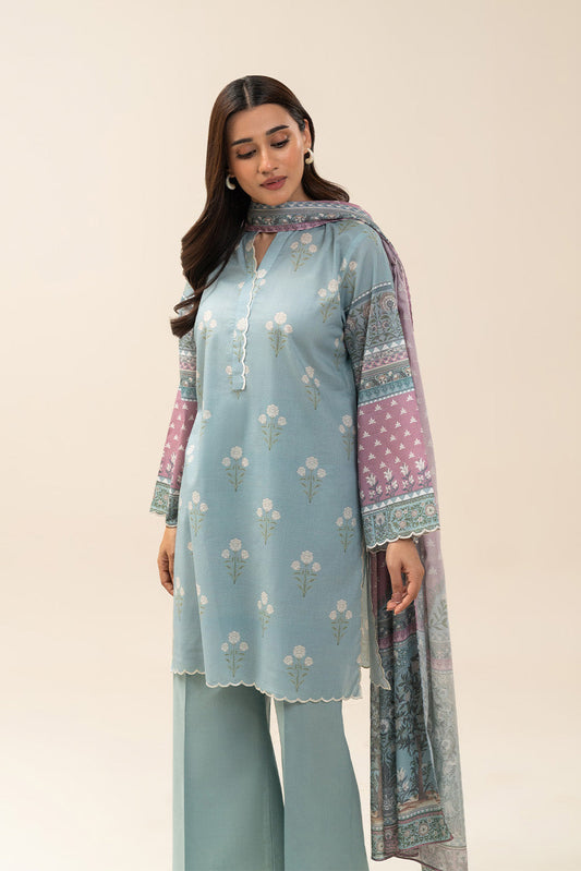 3 PIECE PRINTED LAWN SUIT-GLACIER BLUE (UNSTITCHED)