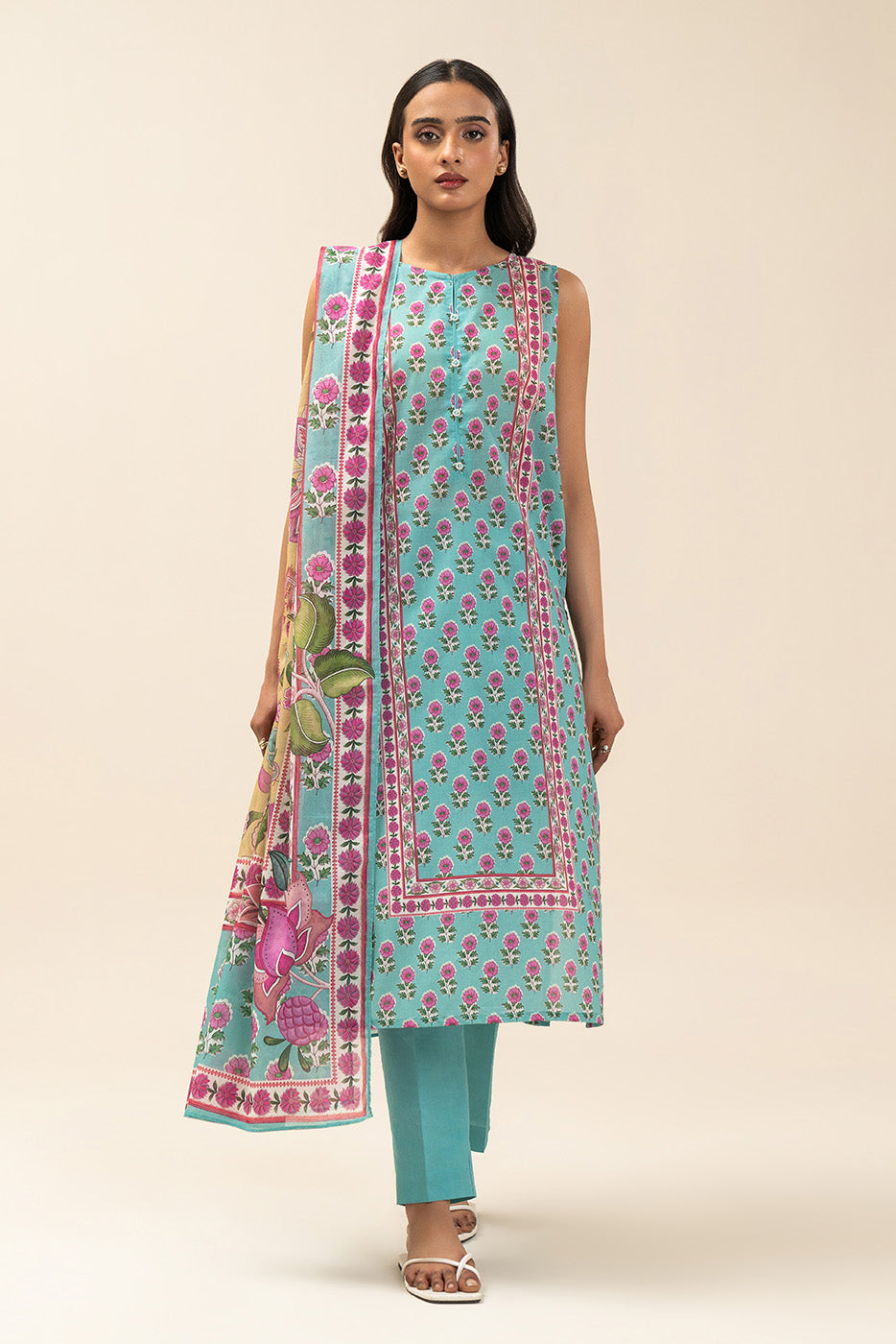 3 PIECE PRINTED LAWN SUIT-CYAN FANTASY (UNSTITCHED)