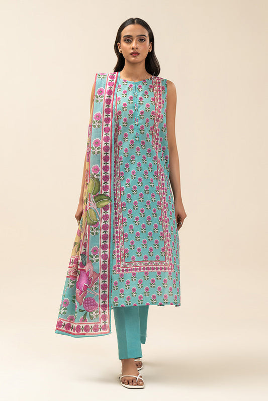 3 PIECE PRINTED LAWN SUIT-CYAN FANTASY (UNSTITCHED)