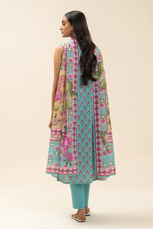 3 PIECE PRINTED LAWN SUIT-CYAN FANTASY (UNSTITCHED)