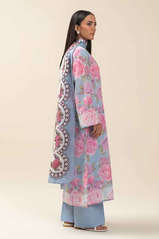 3 PIECE PRINTED LAWN SUIT-ROSETTE HEM (UNSTITCHED)