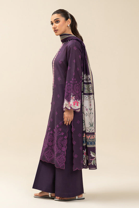 3 PIECE PRINTED LAWN SUIT-PLUM NOIR (UNSTITCHED)