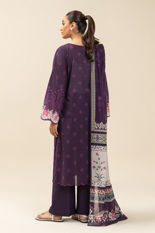 3 PIECE PRINTED LAWN SUIT-PLUM NOIR (UNSTITCHED)