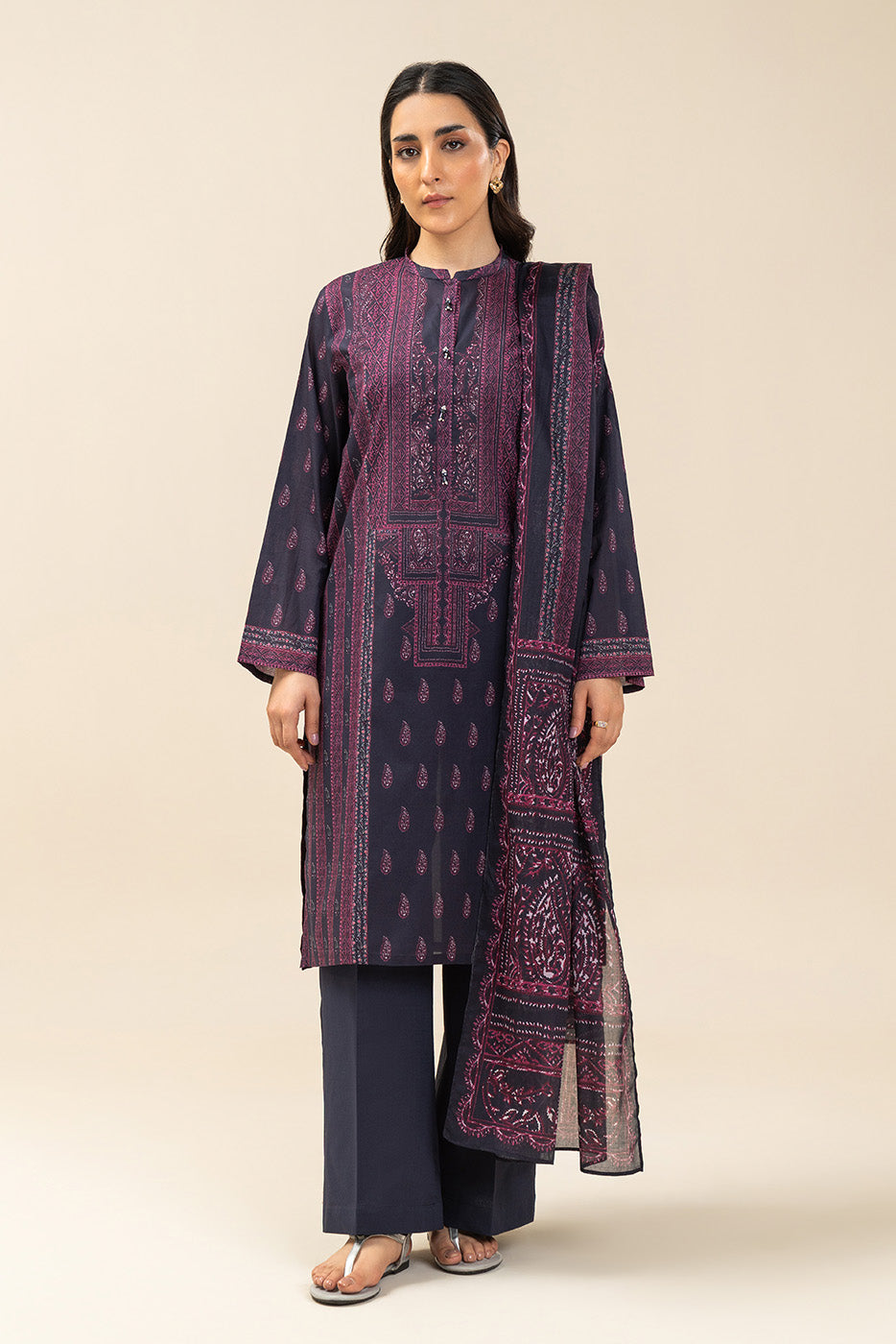 3 PIECE PRINTED LAWN SUIT-RETRO BLUE (UNSTITCHED)