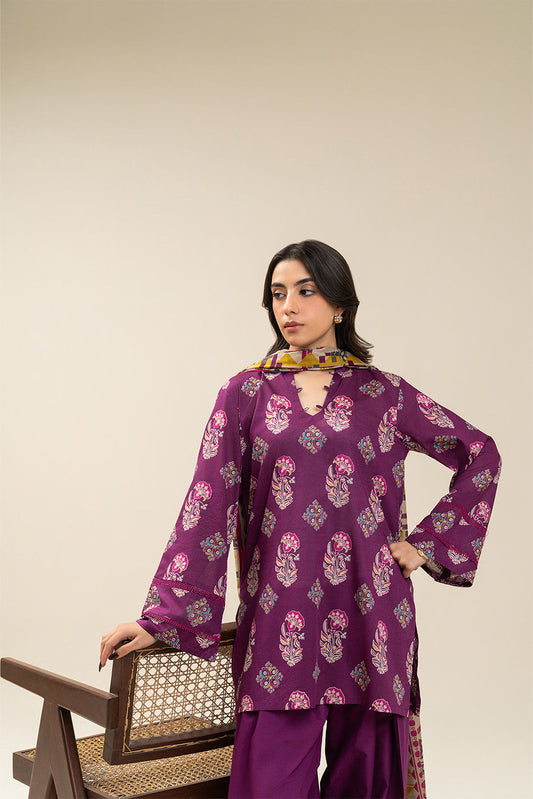 3 PIECE PRINTED LAWN SUIT-PLUM WHISPER (UNSTITCHED)