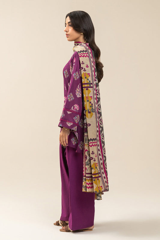 3 PIECE PRINTED LAWN SUIT-PLUM WHISPER (UNSTITCHED)