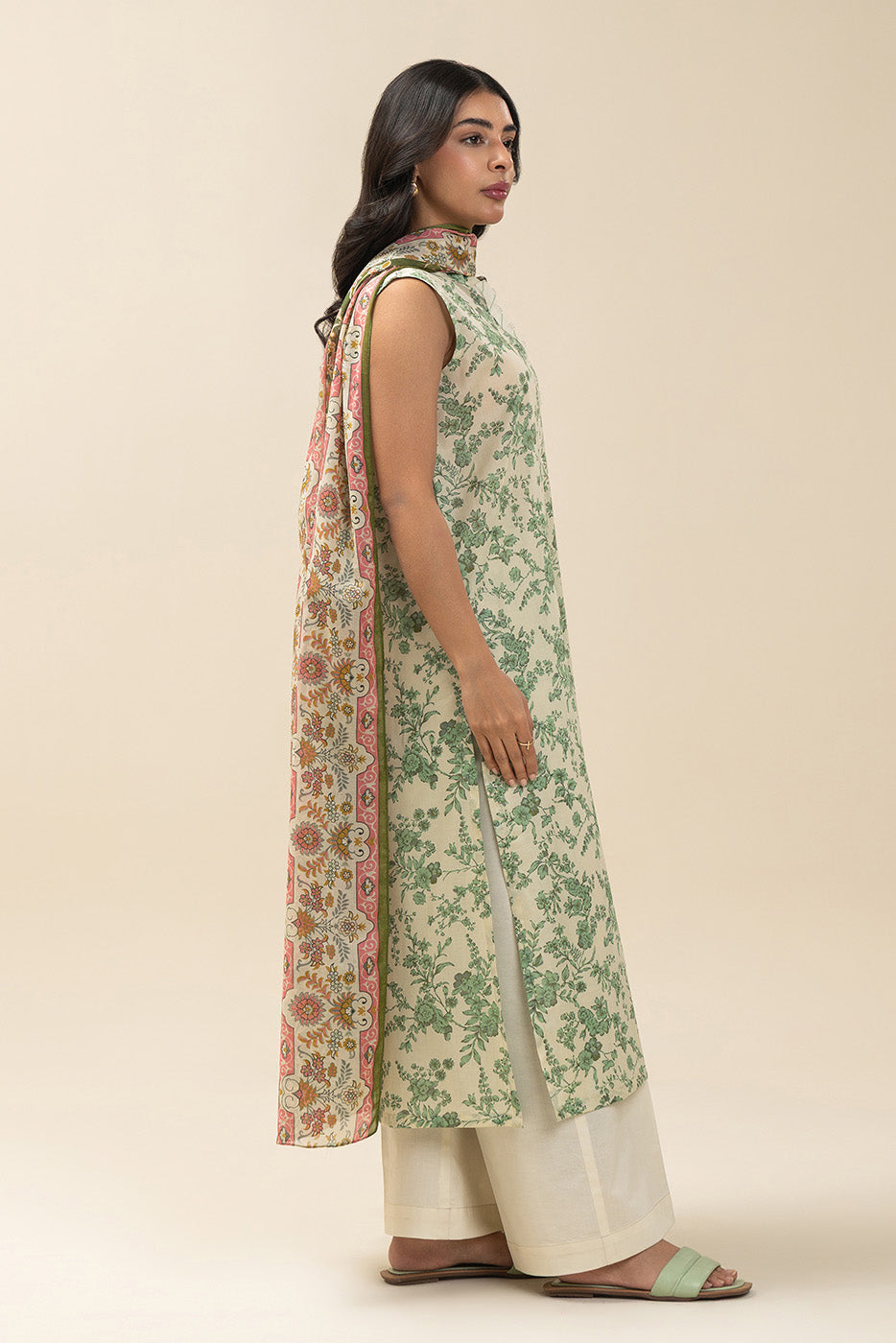 3 PIECE PRINTED LAWN SUIT-SEA MIST (UNSTITCHED)