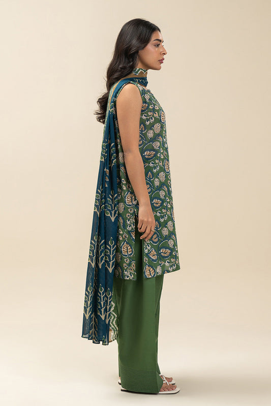 3 PIECE PRINTED LAWN SUIT-AQUA SERENITY (UNSTITCHED)