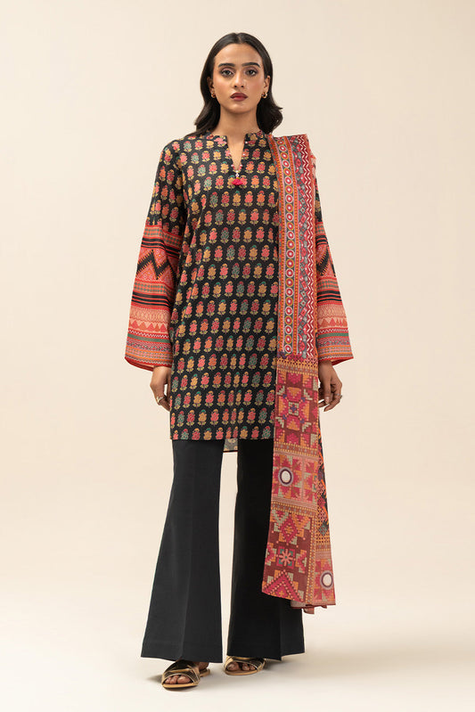 3 PIECE PRINTED LAWN SUIT-BLACK MAZE (UNSTITCHED)