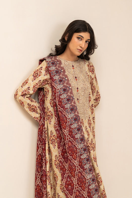 3 PIECE EMBROIDERED REVERSE  JACQUARD SUIT-REGAL UMBER (UNSTITCHED)