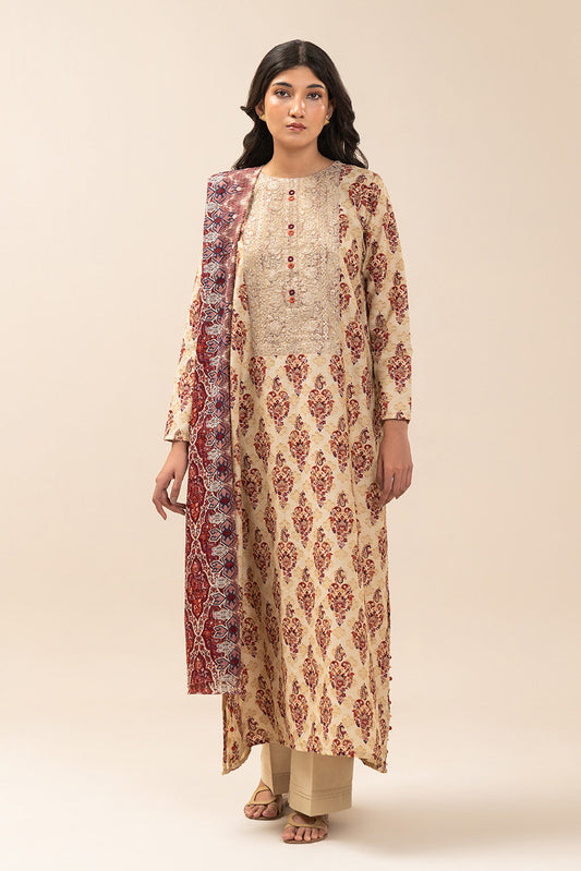 3 PIECE EMBROIDERED REVERSE  JACQUARD SUIT-REGAL UMBER (UNSTITCHED)