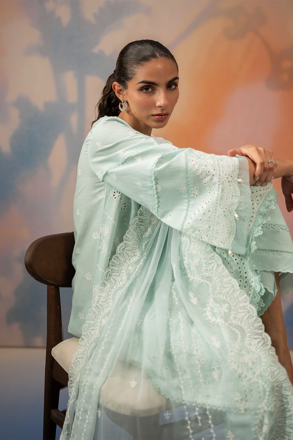 3 PIECE EMBROIDERED CHIKANKARI SUIT WITH BAMBER DUPATTA-AZURE MIST (UNSTITCHED)