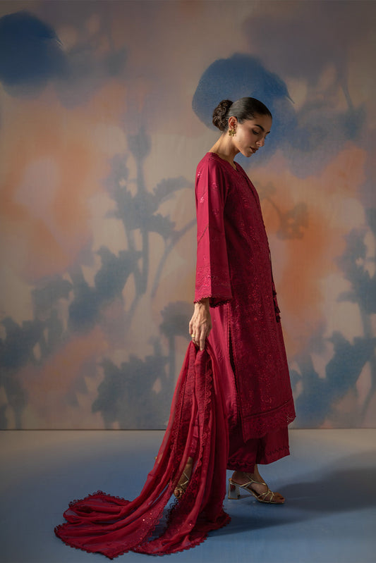 3 PIECE EMBROIDERED CHIKANKARI SUIT WITH BAMBER DUPATTA-CRIMSON CORE (UNSTITCHED)
