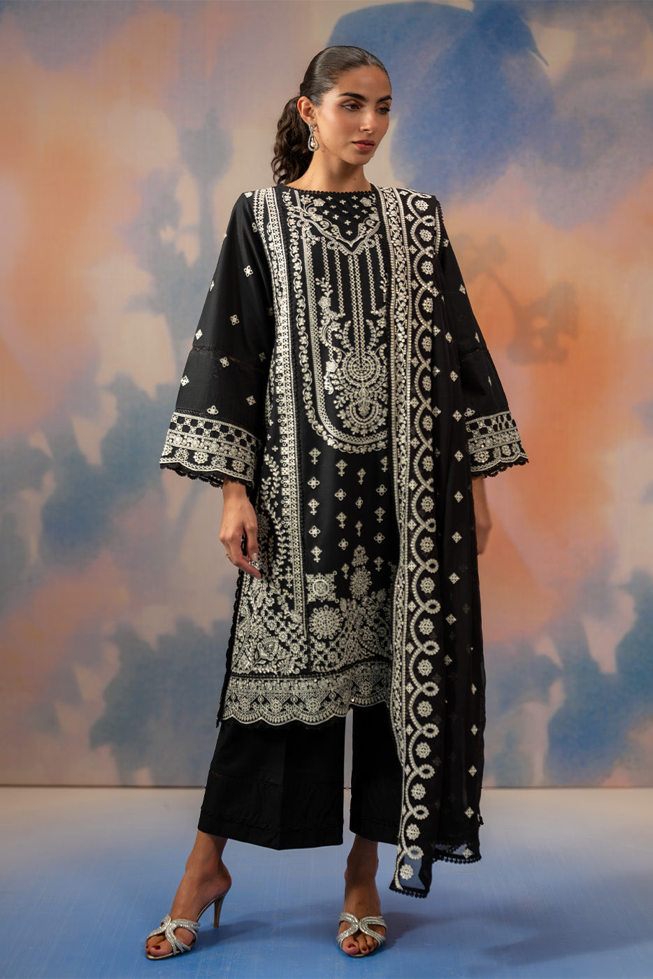 3 PIECE EMBROIDERED CHIKANKARI SUIT WITH BAMBER DUPATTA-NOIR STARLIT (UNSTITCHED)