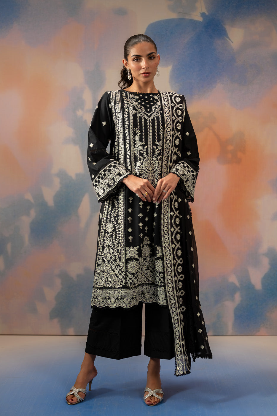 3 PIECE EMBROIDERED CHIKANKARI SUIT WITH BAMBER DUPATTA-NOIR STARLIT (UNSTITCHED)