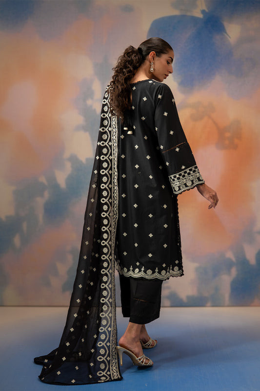 3 PIECE EMBROIDERED CHIKANKARI SUIT WITH BAMBER DUPATTA-NOIR STARLIT (UNSTITCHED)