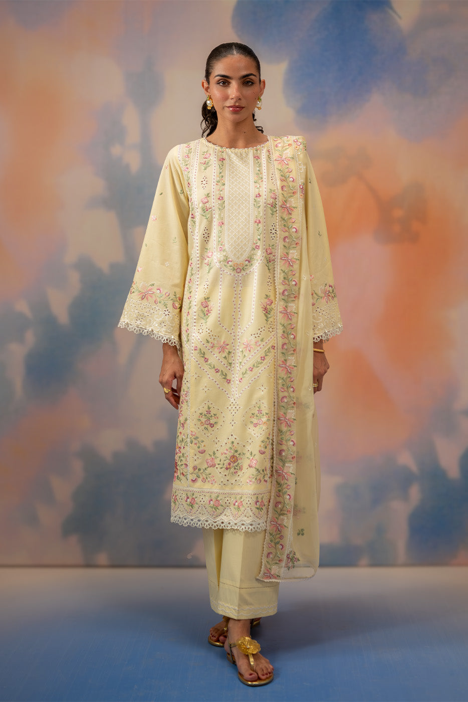 3 PIECE EMBROIDERED CHIKANKARI SUIT WITH BAMBER DUPATTA-FLORAL WHISPER (UNSTITCHED)