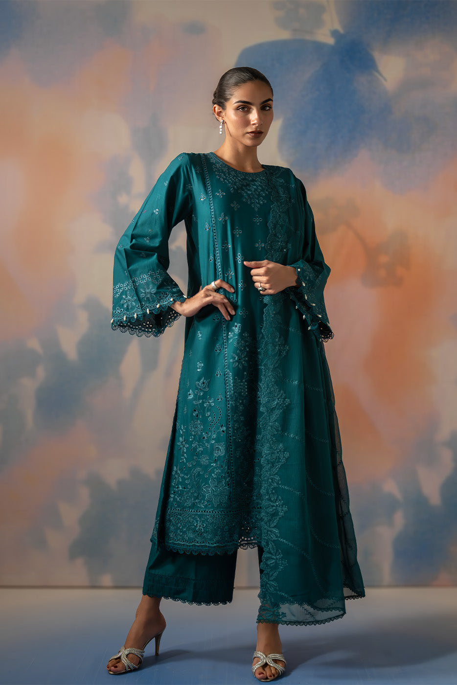 3 PIECE EMBROIDERED CHIKANKARI SUIT WITH BAMBER DUPATTA-TEAL OPULENCE (UNSTITCHED)