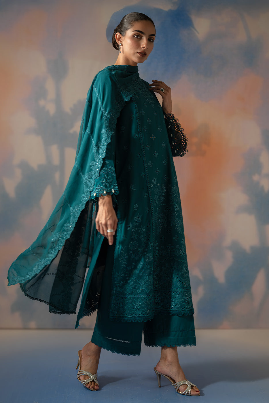 3 PIECE EMBROIDERED CHIKANKARI SUIT WITH BAMBER DUPATTA-TEAL OPULENCE (UNSTITCHED)